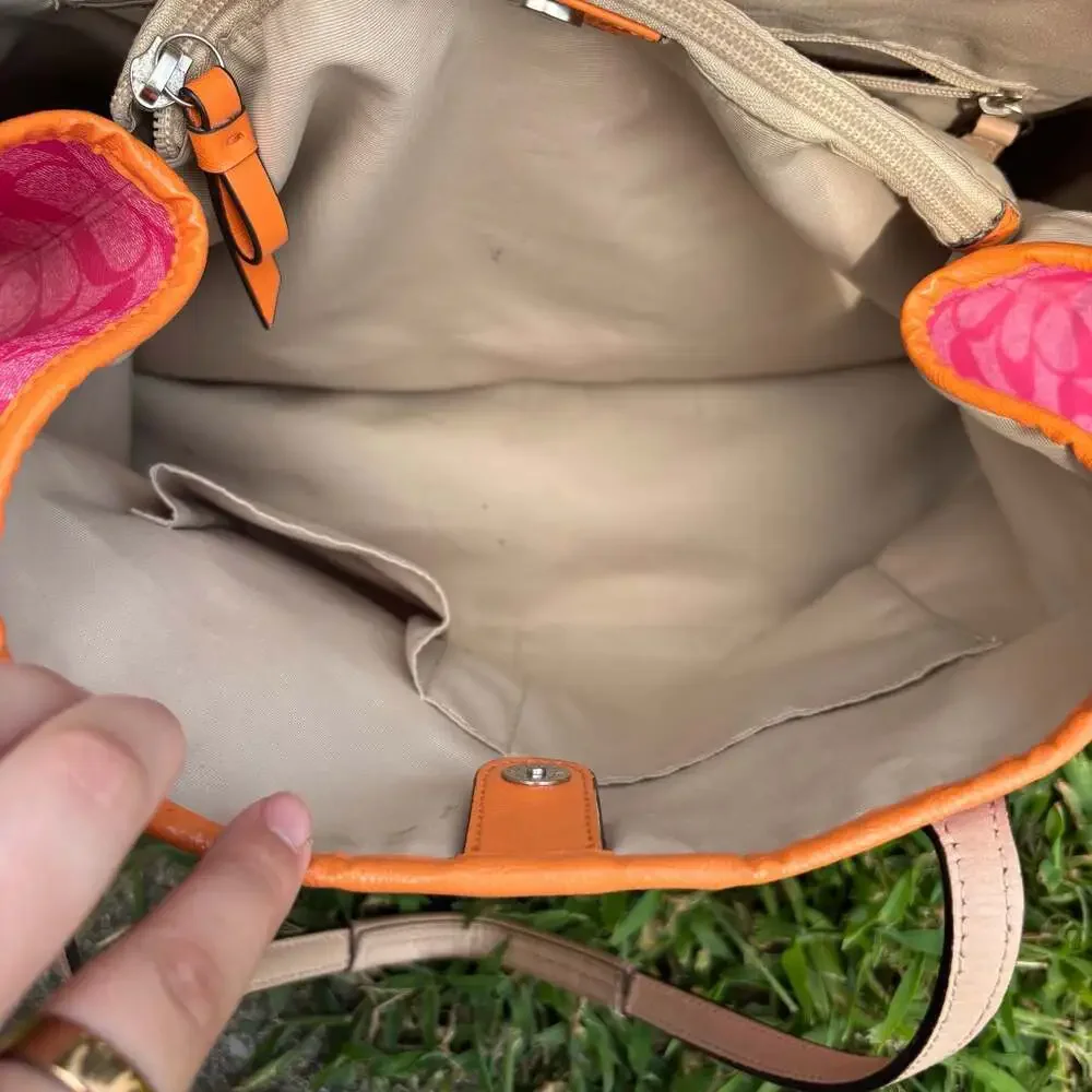 Coach Signature Canvas Drawstring Tote in Pink and Orange